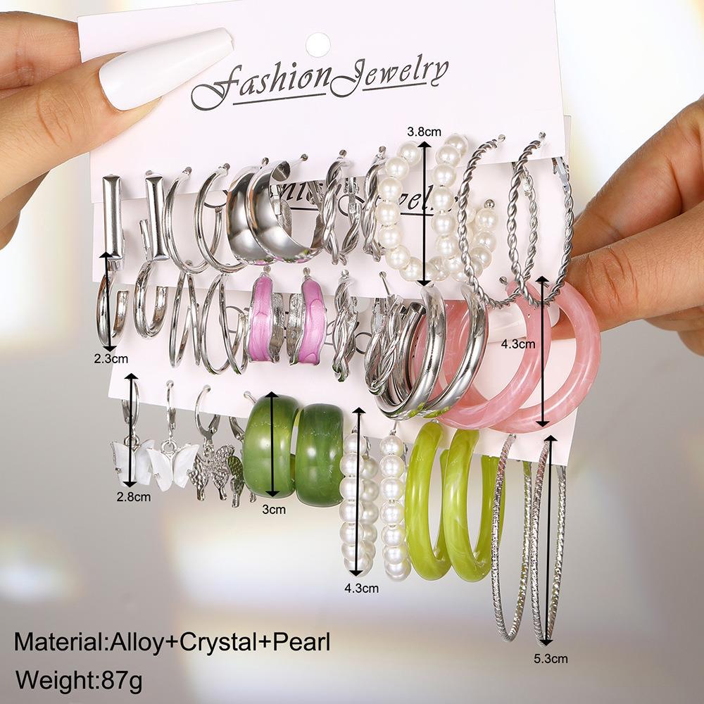 European and American style metal earring square personality earrings C- shaped geometric butterfly drop oil resin earrings 18-piece set