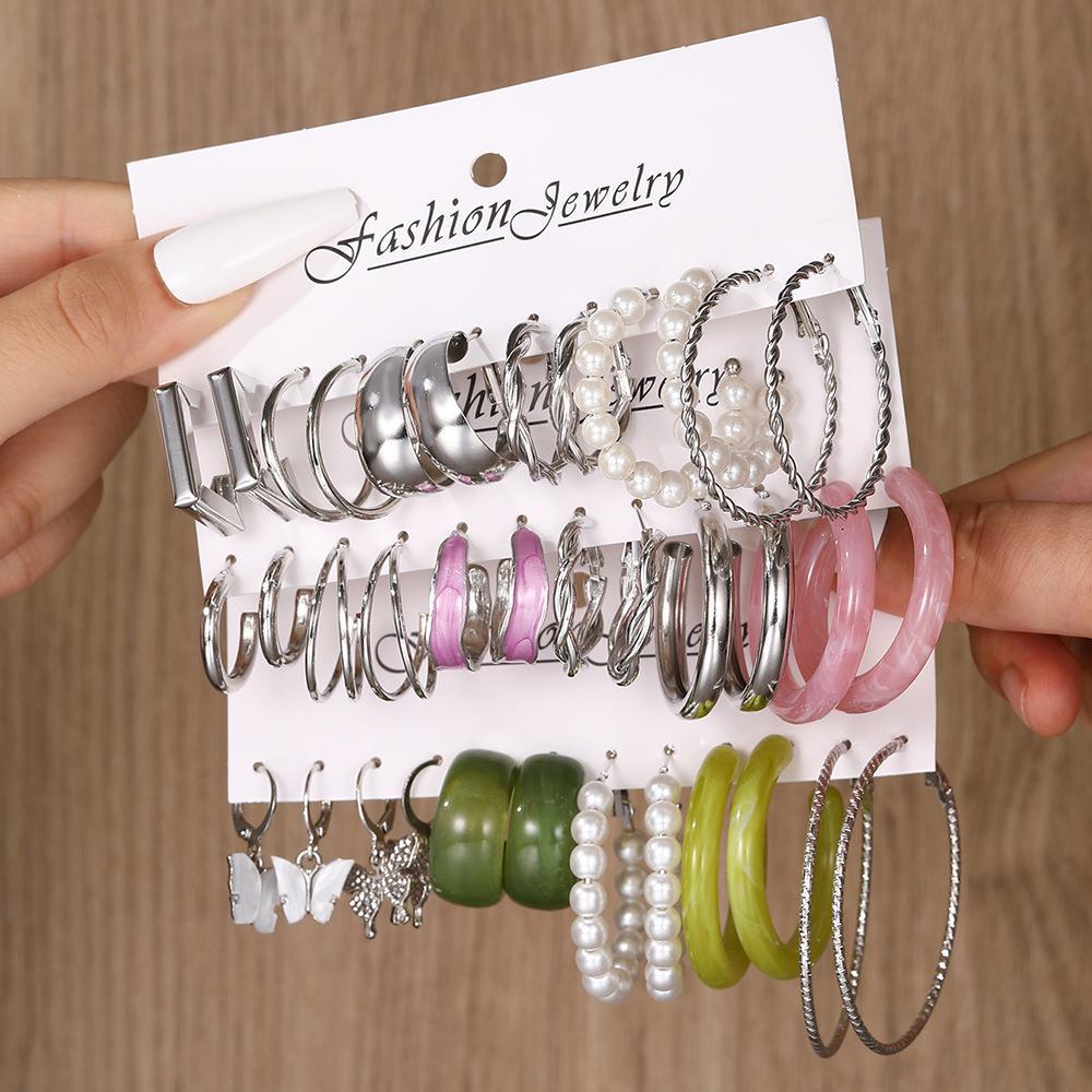 European and American style metal earring square personality earrings C- shaped geometric butterfly drop oil resin earrings 18-piece set