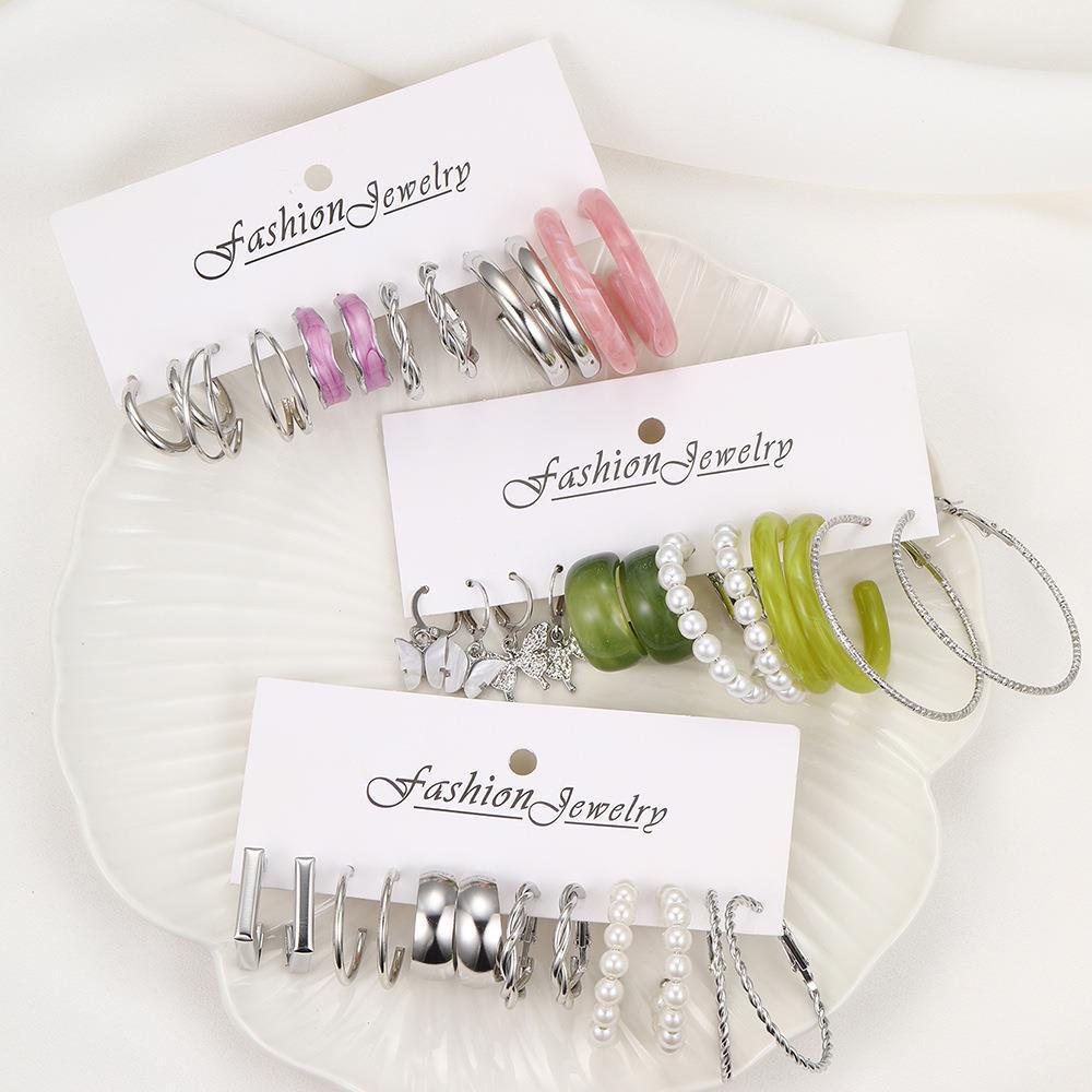 European and American style metal earring square personality earrings C- shaped geometric butterfly drop oil resin earrings 18-piece set