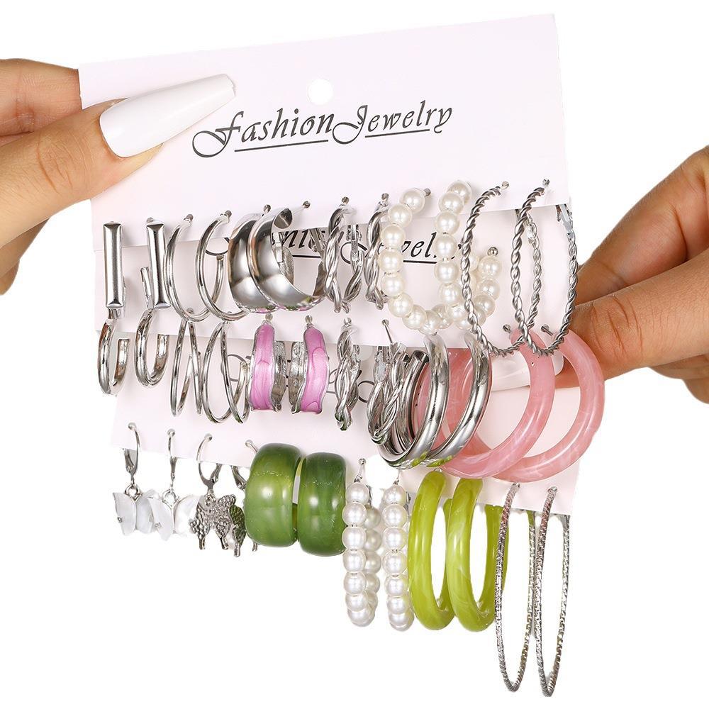 European and American style metal earring square personality earrings C- shaped geometric butterfly drop oil resin earrings 18-piece set