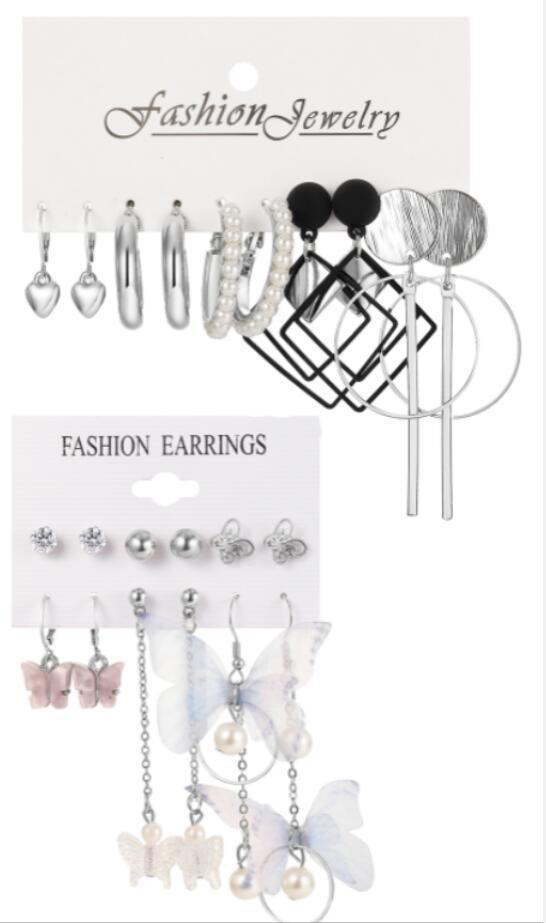 European and American style metal earring square personality earrings C- shaped geometric butterfly drop oil resin earrings 18-piece set
