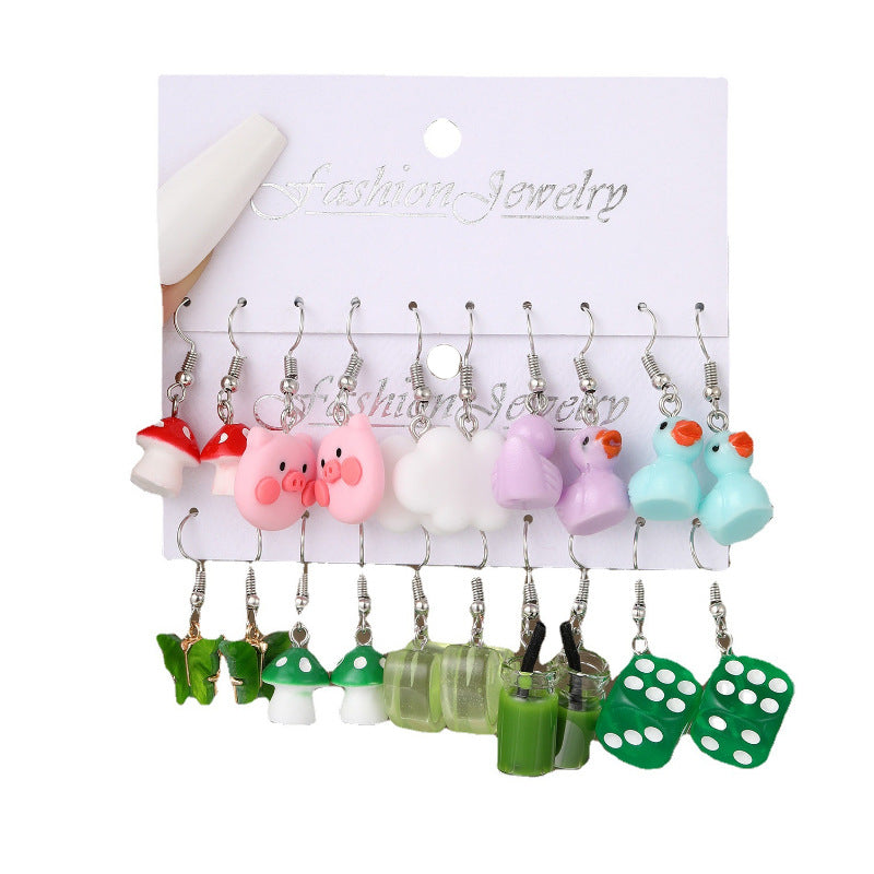 European and American style metal earring square personality earrings C- shaped geometric butterfly drop oil resin earrings 18-piece set