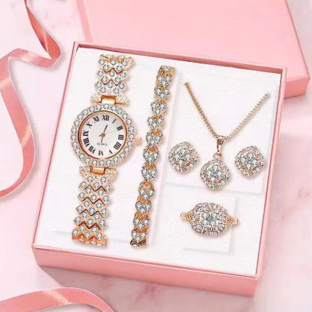 Duoduo Cross-Border Shein Popular Luxury Set Bracelet Watch with Diamonds for Women Five-Piece Gift Box Quartz Watch