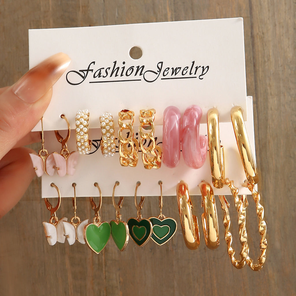 European and American style metal earring square personality earrings C- shaped geometric butterfly drop oil resin earrings 18-piece set