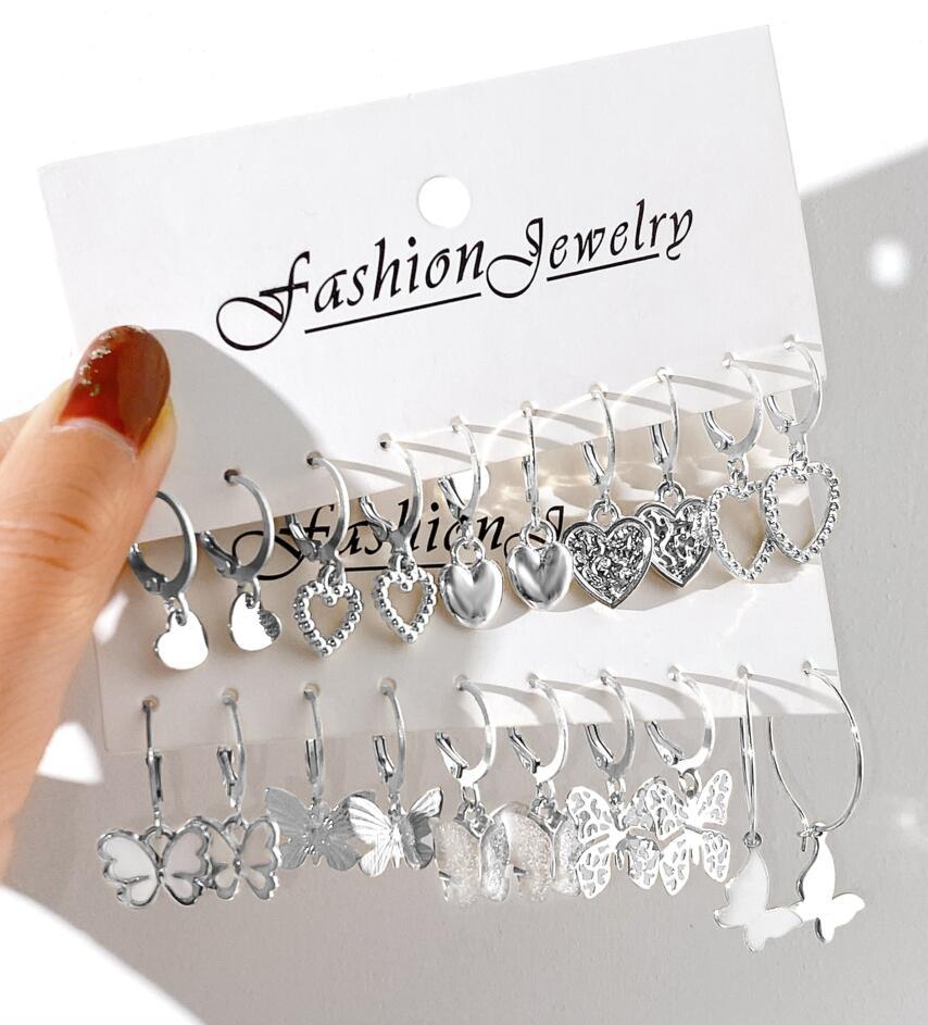 European and American style metal earring square personality earrings C- shaped geometric butterfly drop oil resin earrings 18-piece set