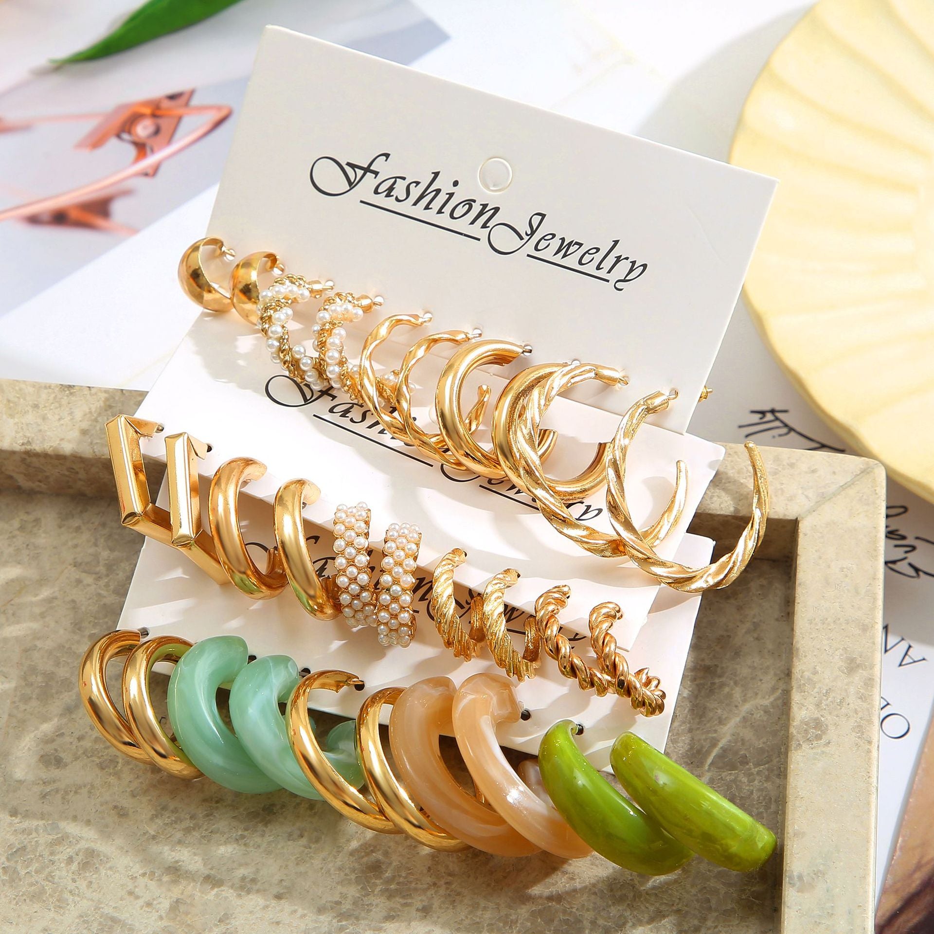 European and American style metal earring square personality earrings C- shaped geometric butterfly drop oil resin earrings 18-piece set