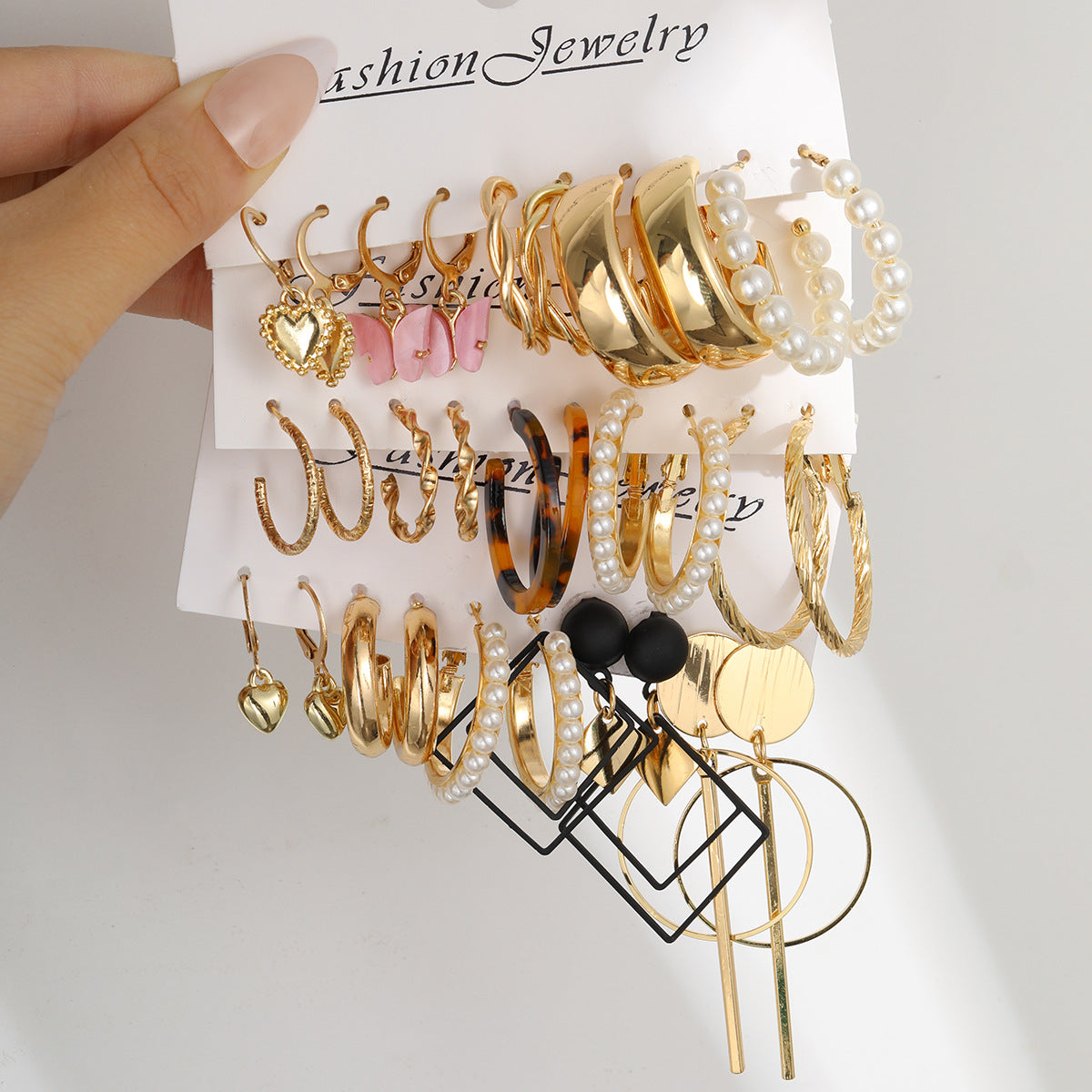 European and American style metal earring square personality earrings C- shaped geometric butterfly drop oil resin earrings 18-piece set