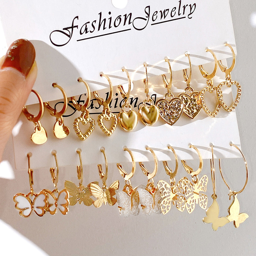 European and American style metal earring square personality earrings C- shaped geometric butterfly drop oil resin earrings 18-piece set