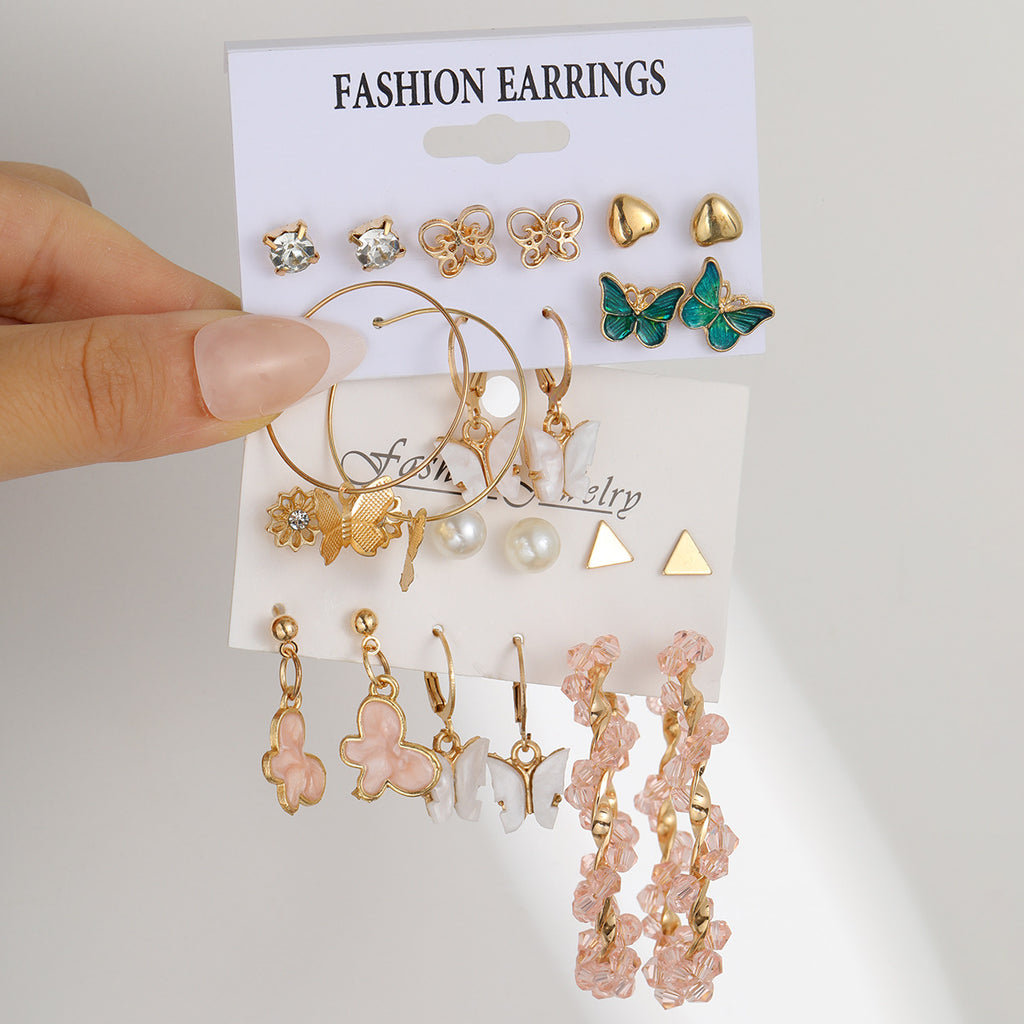 European and American style metal earring square personality earrings C- shaped geometric butterfly drop oil resin earrings 18-piece set